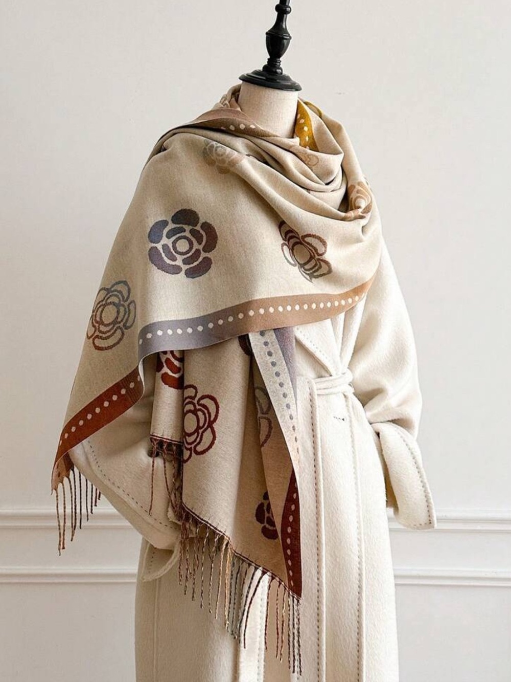 Vintage Reversible Dual Colored Faux Cashmere Shawl/Scarf with Tassels